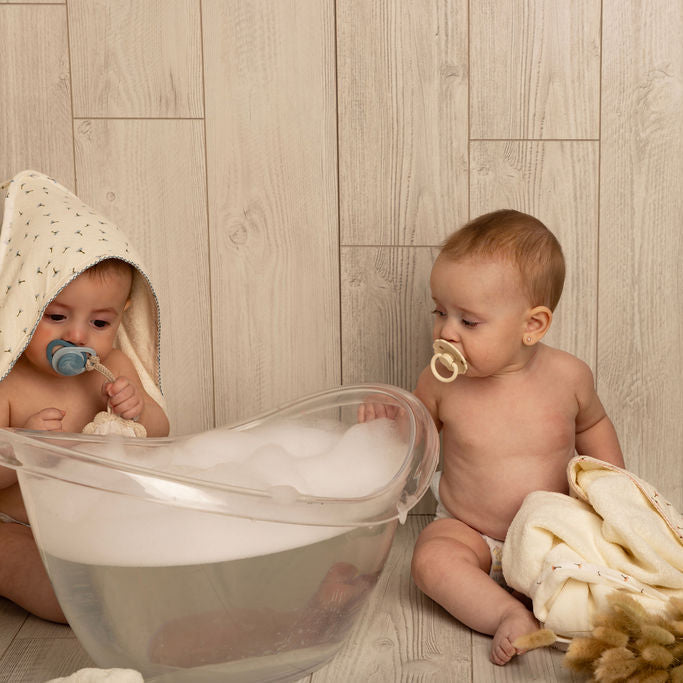 Hooded Towel with Blue Floral Muslin Binding