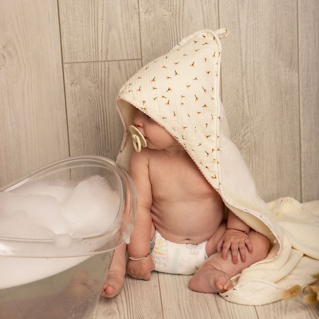 Hooded Towel with Pink Floral Muslin Binding