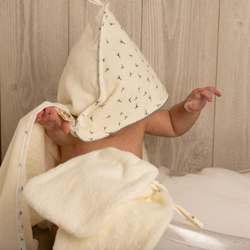 Hooded Towel with Blue Floral Muslin Binding