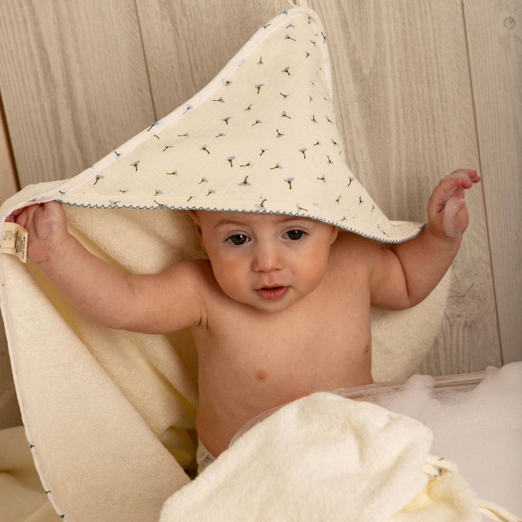 Hooded Towel with Blue Floral Muslin Binding