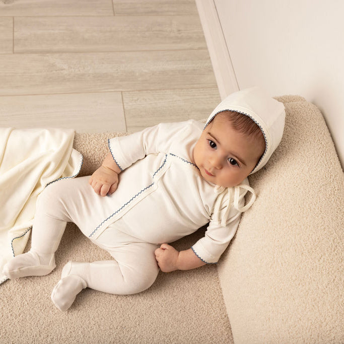 Picot Stitch Wrap Footie, Hat and Blanket Set White