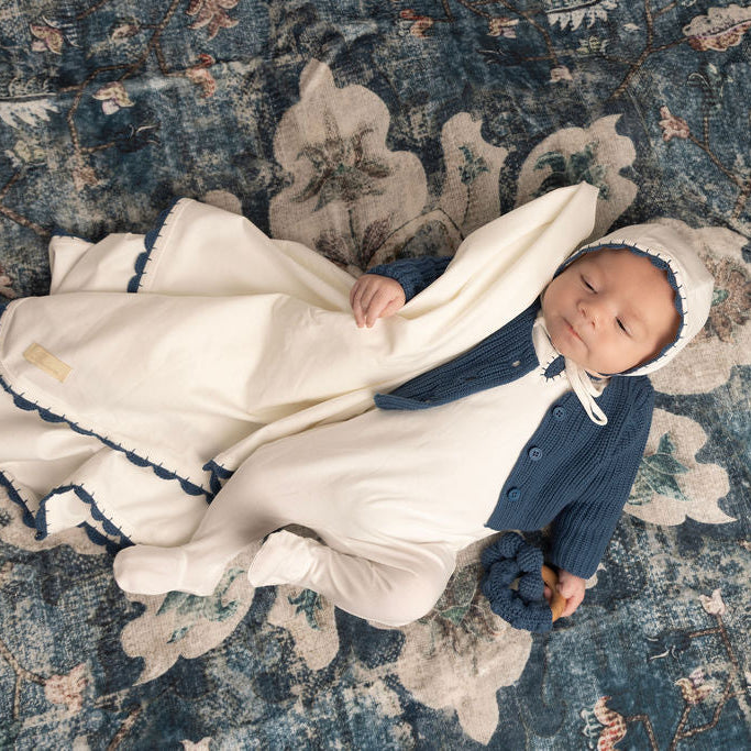 Yarn Trim Footie with Bonnet, Blanket & Knit Sweater Blue