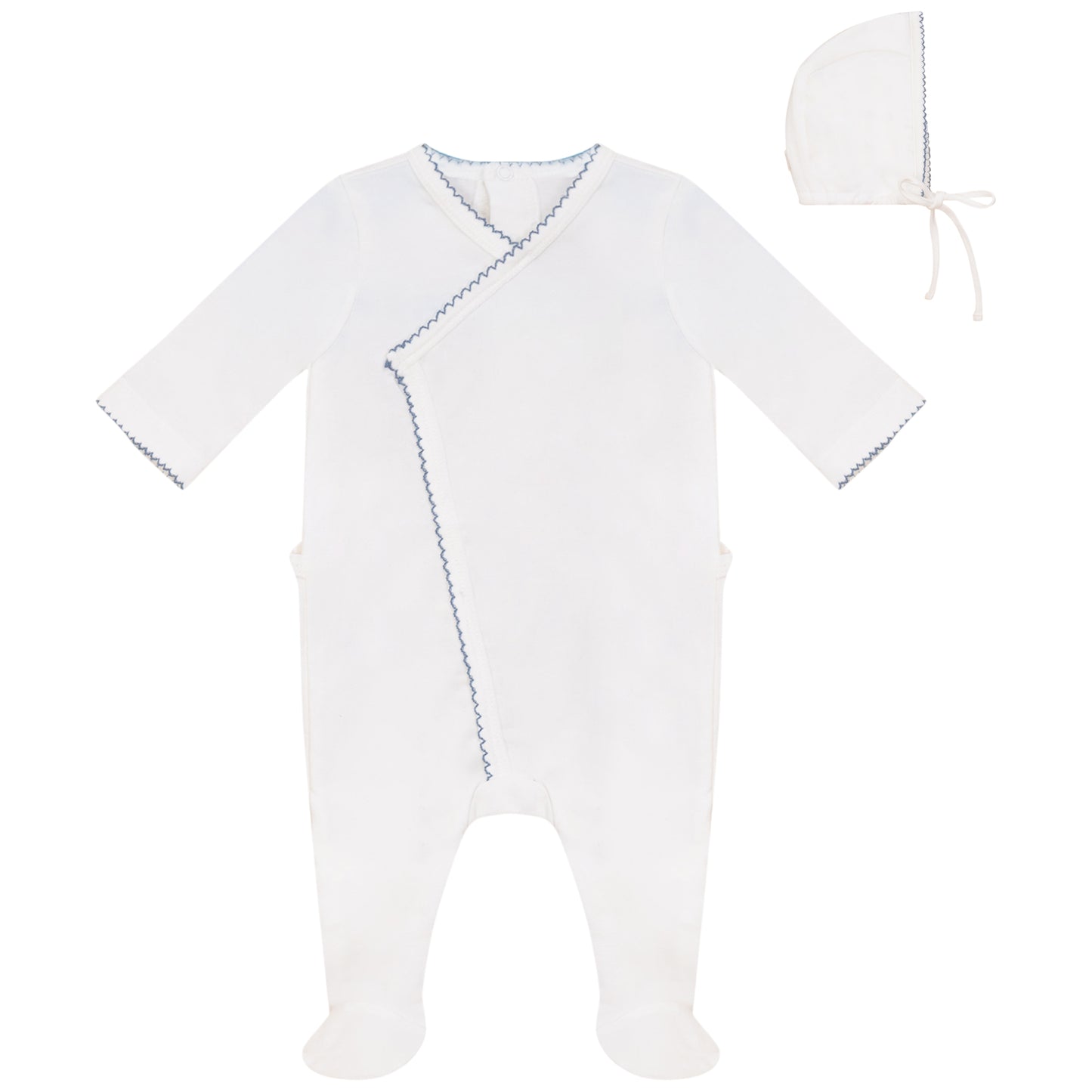 Picot Stitch Wrap Footie and Hat Set White