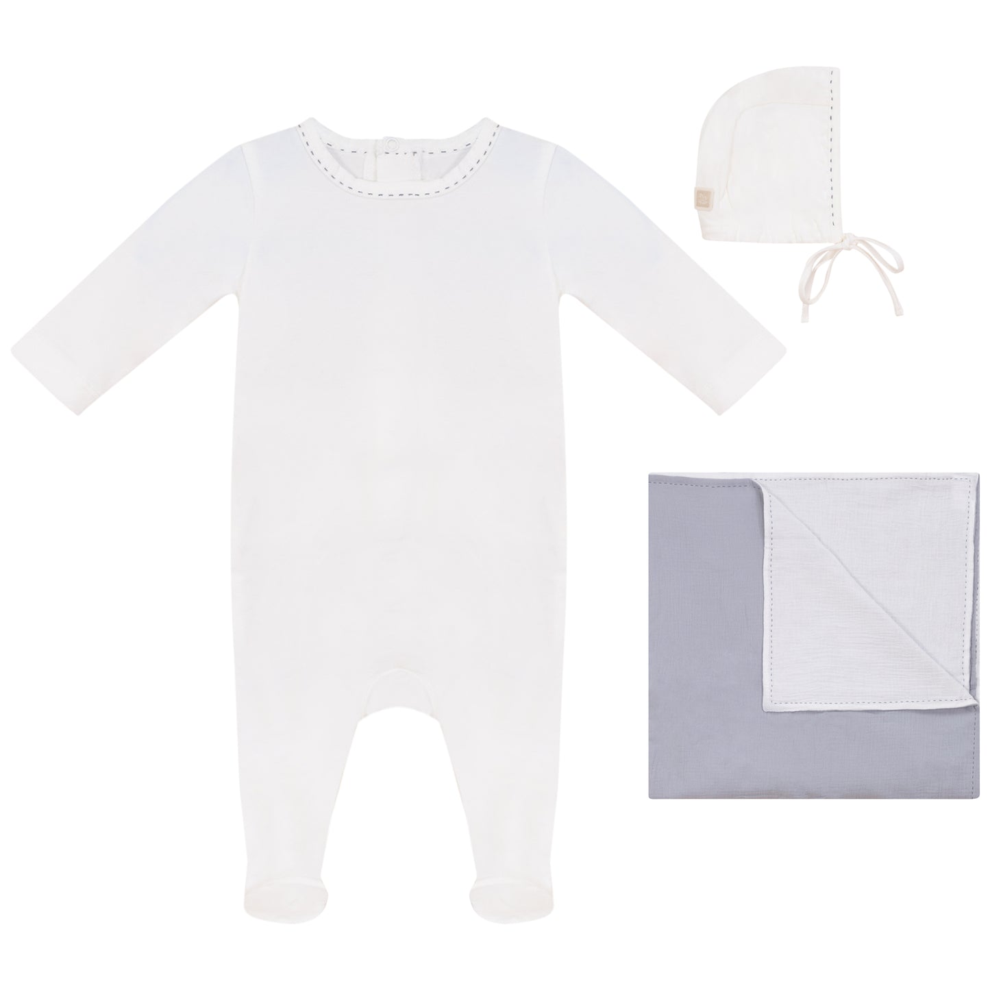 Neckline Blue Stitch Footie, Hat and Blanket Set