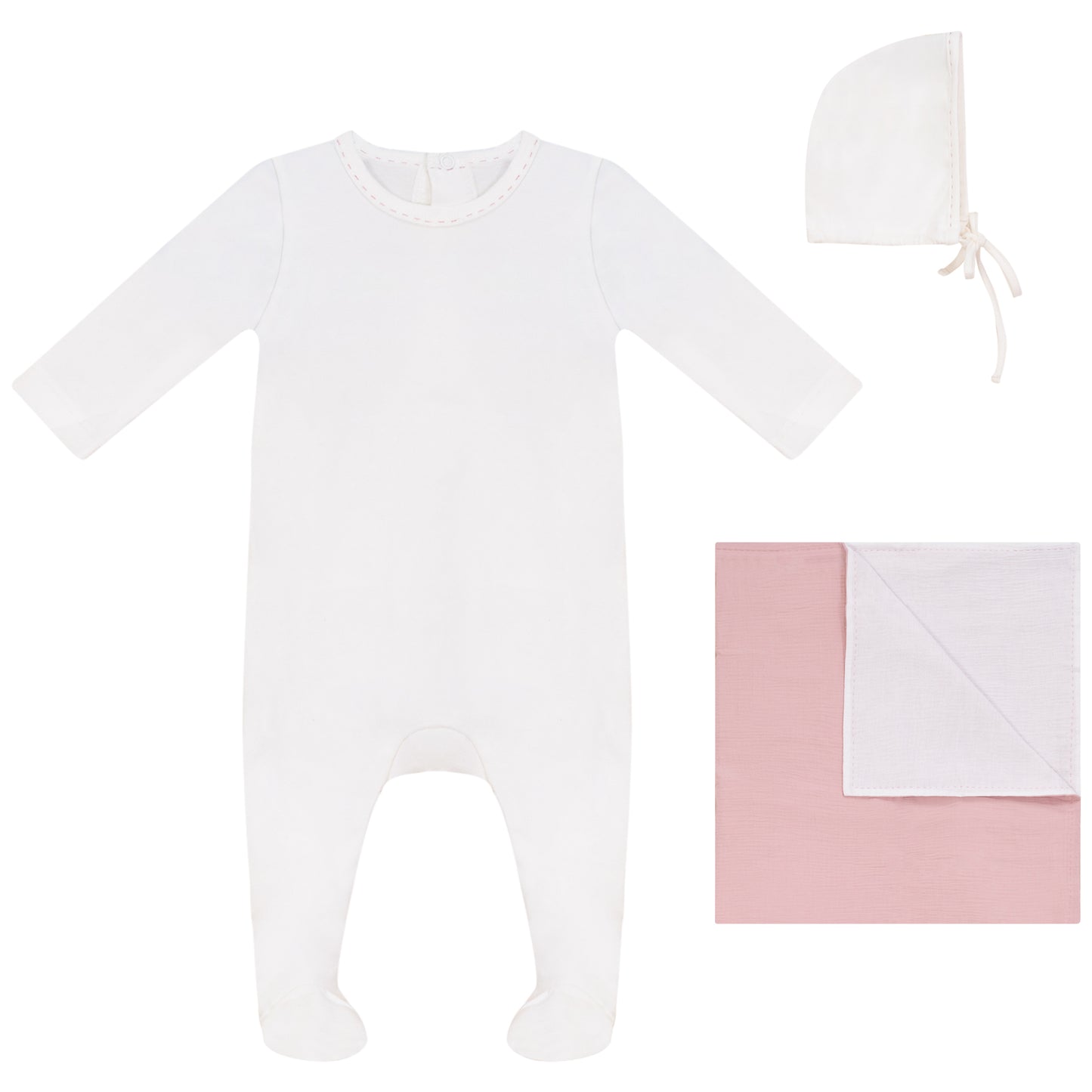 Neckline Pink Stitch Footie, Hat and Blanket Set