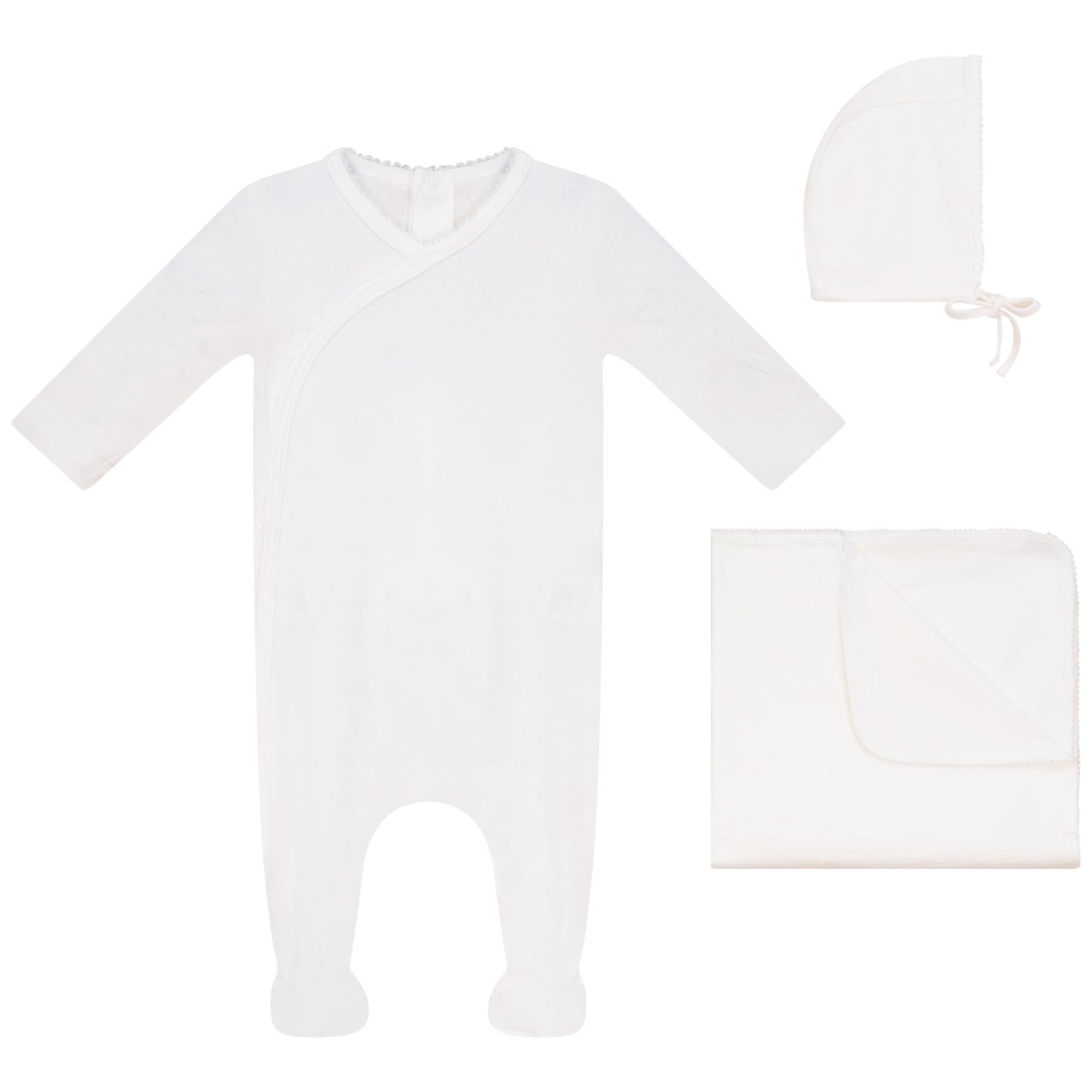 Eyelet Wrap Footie, Hat and Blanket Set with White Picot Stitch