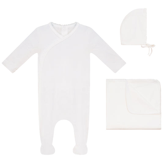Eyelet Wrap Footie, Hat and Blanket Set with White Picot Stitch