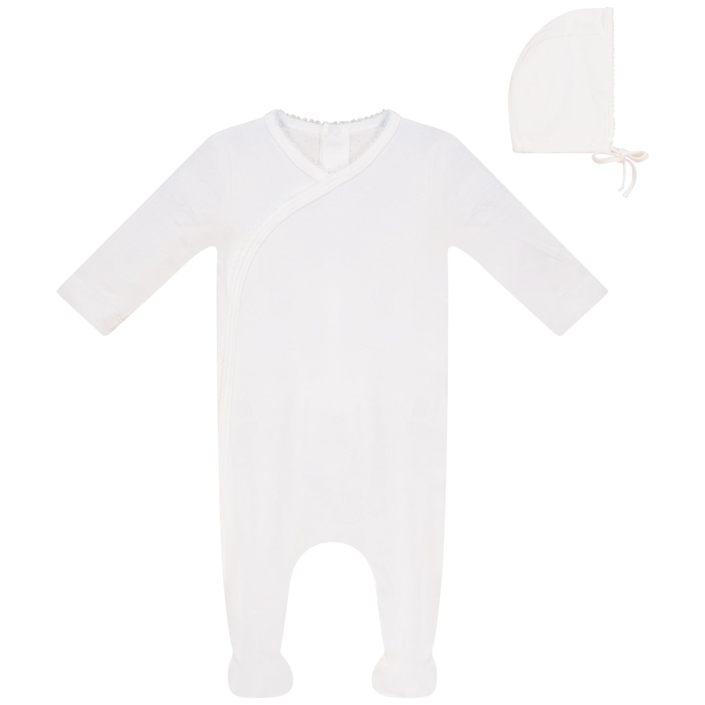 Eyelet Wrap Footie and Hat Set with White Picot Stitch