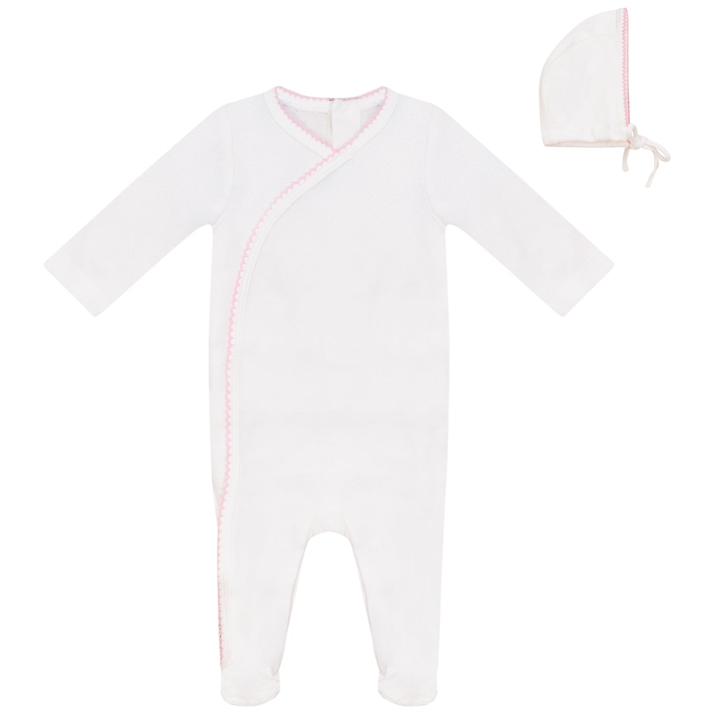 Eyelet Wrap Footie and Hat Set with Pink Picot Stitch