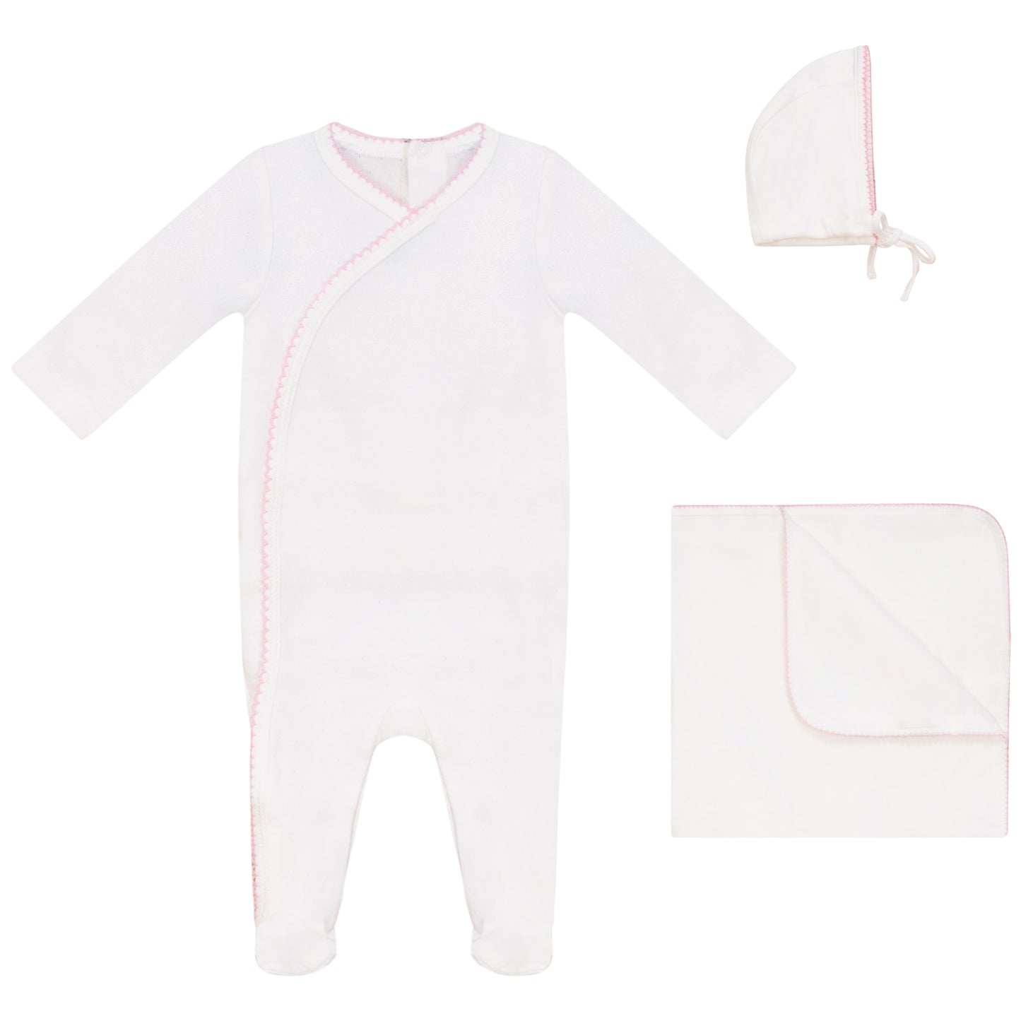 Eyelet Wrap Footie, Hat and Blanket Set with Pink Picot Stitch