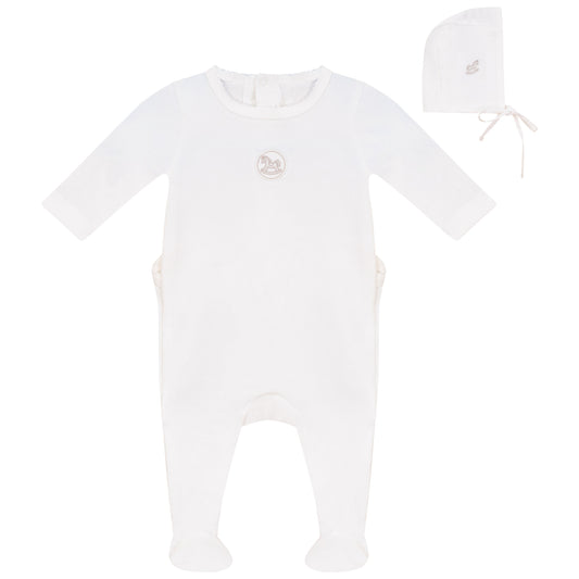 Linen Beige Logo Footie and Hat Set White
