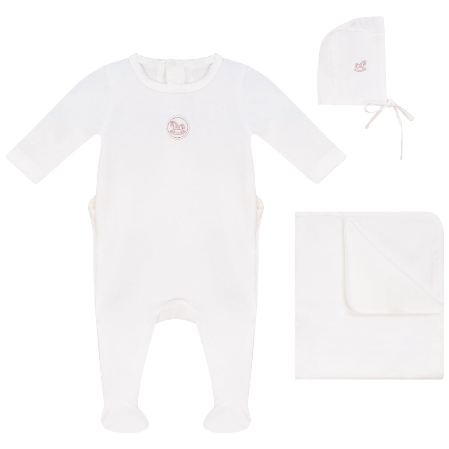 Linen Pink Logo Footie, Hat and Blanket Set White