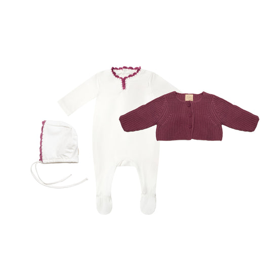 Yarn Trim Footie with Bonnet & Knit Sweater Rose