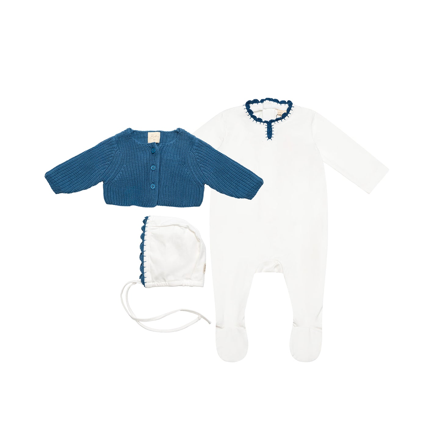 Yarn Trim Footie with Bonnet & Knit Sweater Blue