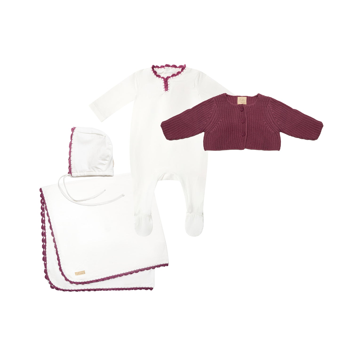 Yarn Trim Footie with Bonnet, Blanket & Knit Sweater Rose
