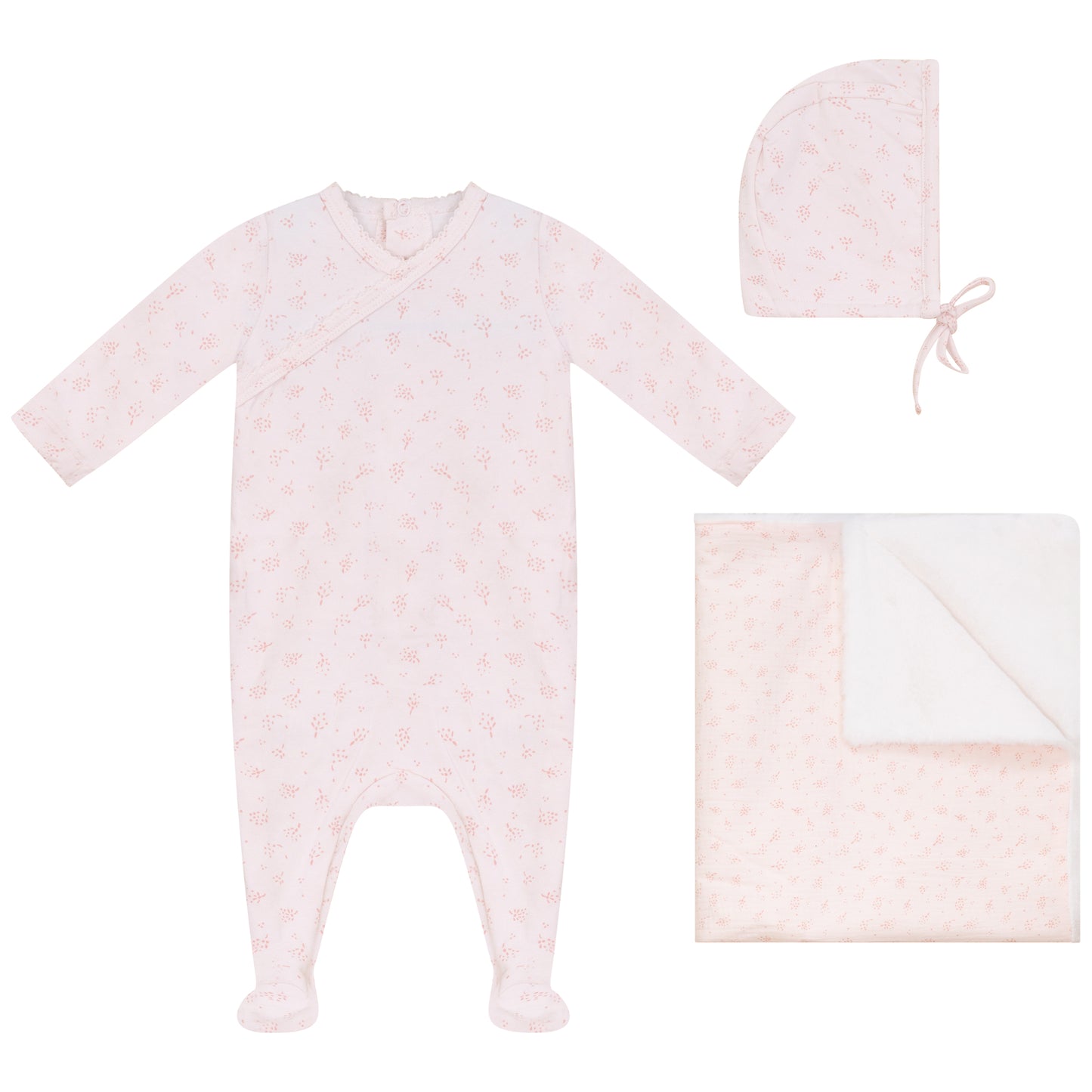 Flower Footie, Hat and Blanket Set Pink