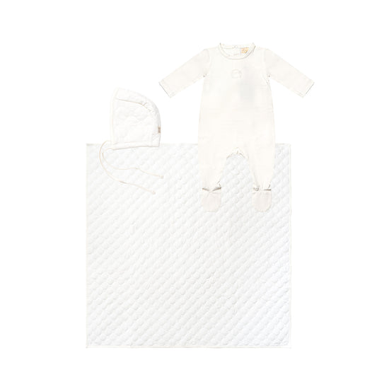 Footie with Quilted Bonnet and Blanket White