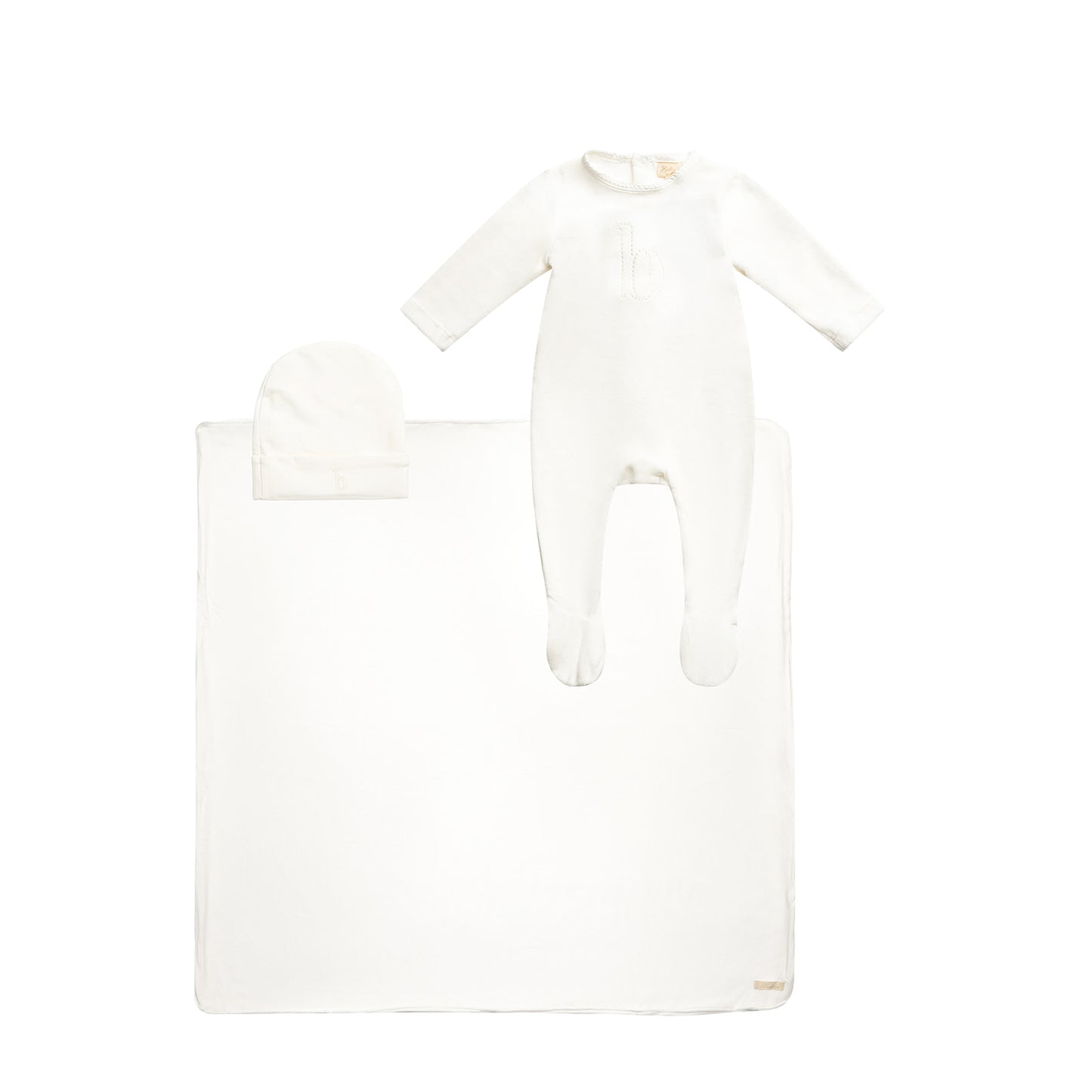Puffed B Footie with Hat and Blanket White
