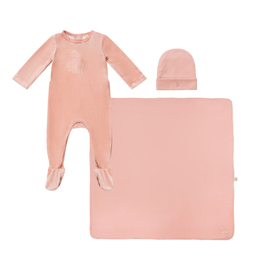 Puffed B Footie with Hat and Blanket Pink