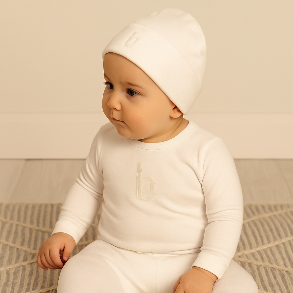 Puffed B Footie with Hat White