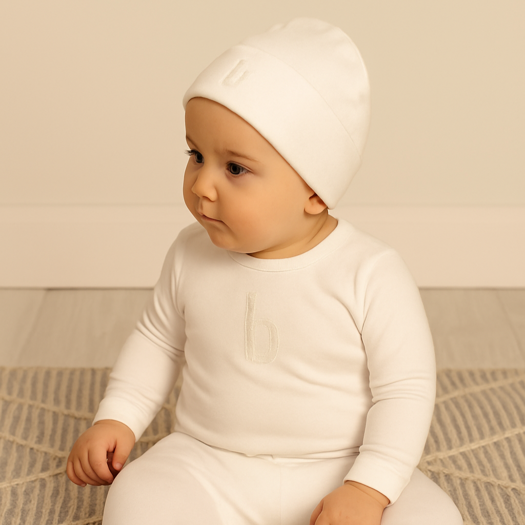 Puffed B Footie with Hat and Blanket White