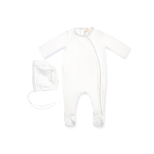 Stitching Footie with Bonnet Blue