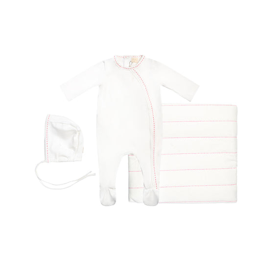 Stitching Footie with Bonnet and Blanket Pink