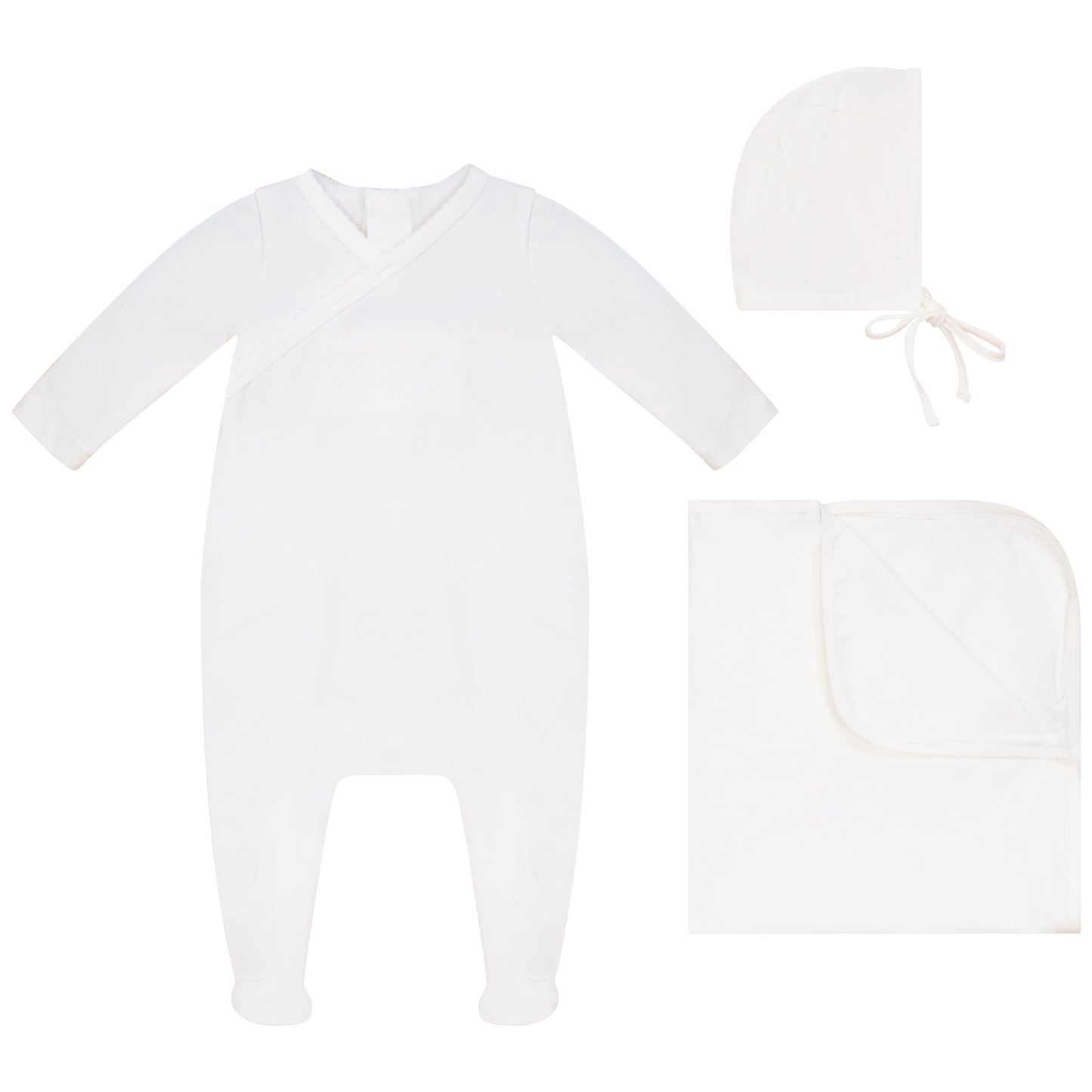 Lovely Footie, Hat and Blanket Set White