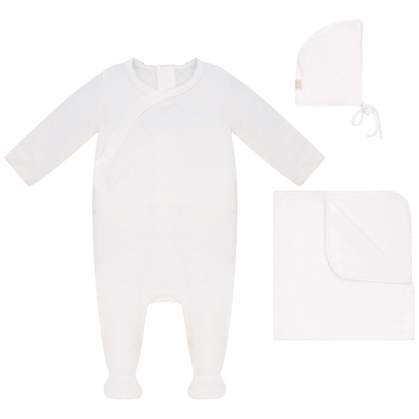 Eyelet Footie, Hat and Blanket Set White