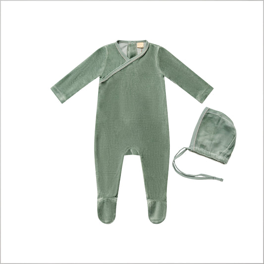 Fur Trim Wrap Footie with Bonnet Green