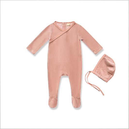 Fur Trim Wrap Footie with Bonnet Pink
