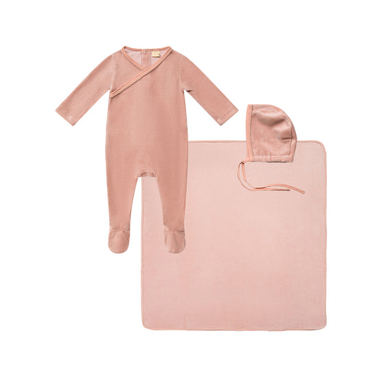 Fur Trim Wrap Footie with Bonnet and Blanket Pink