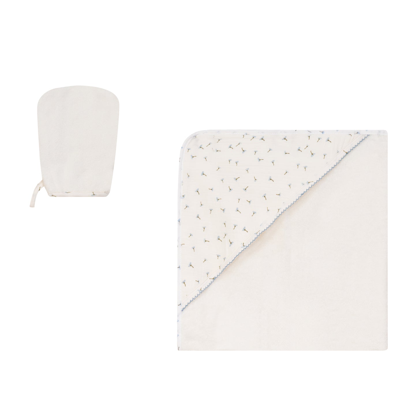 Hooded Towel with Blue Floral Muslin Binding