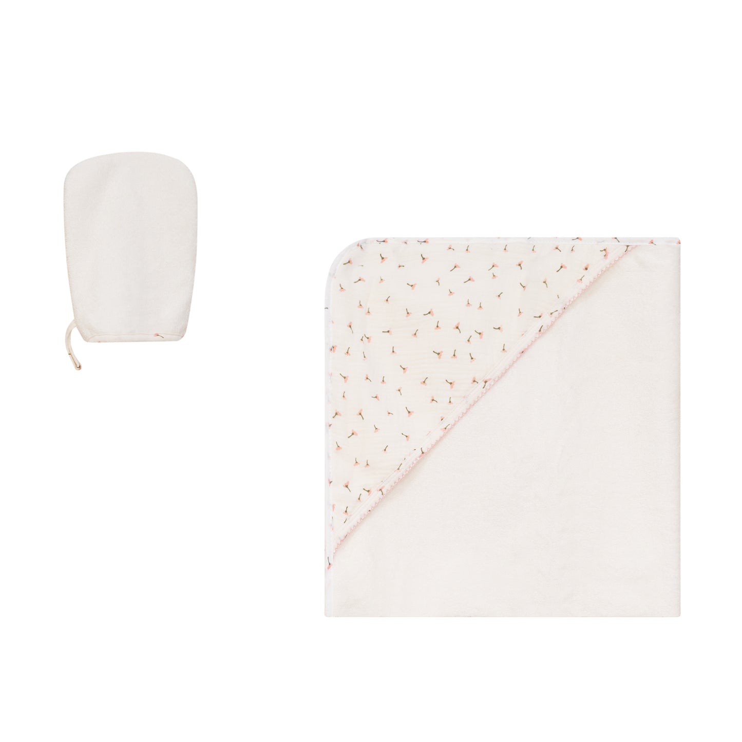 Hooded Towel with Pink Floral Muslin Binding