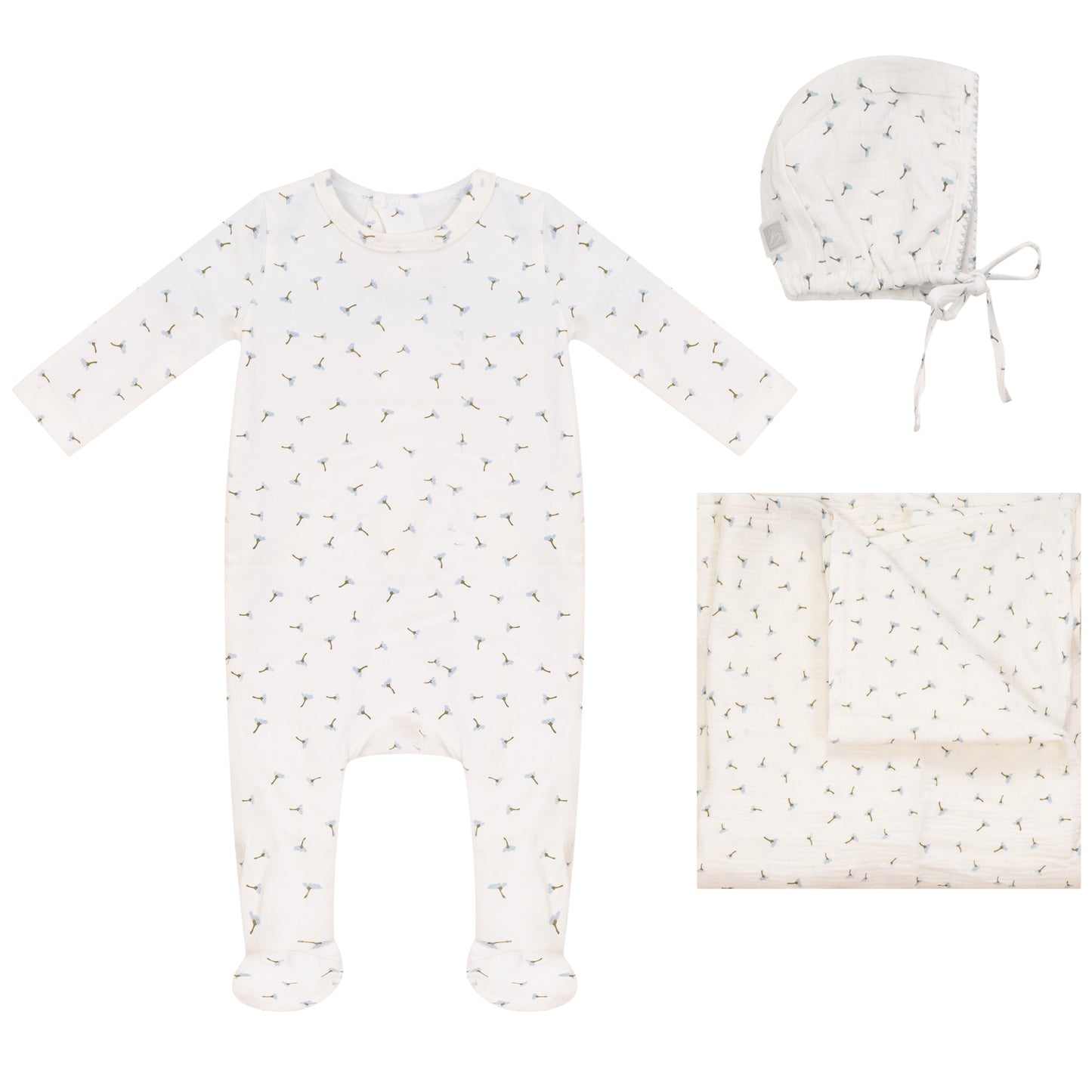 Floral Footie, Hat and Blanket Set Blue
