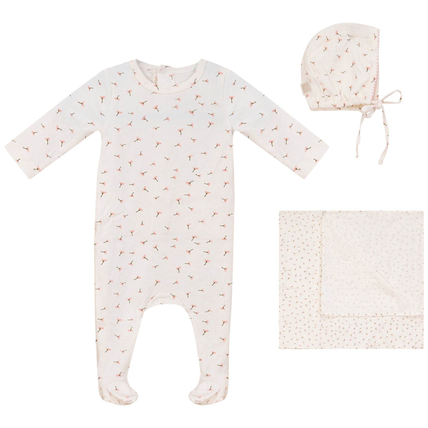 Floral Footie, Hat and Blanket Set Pink