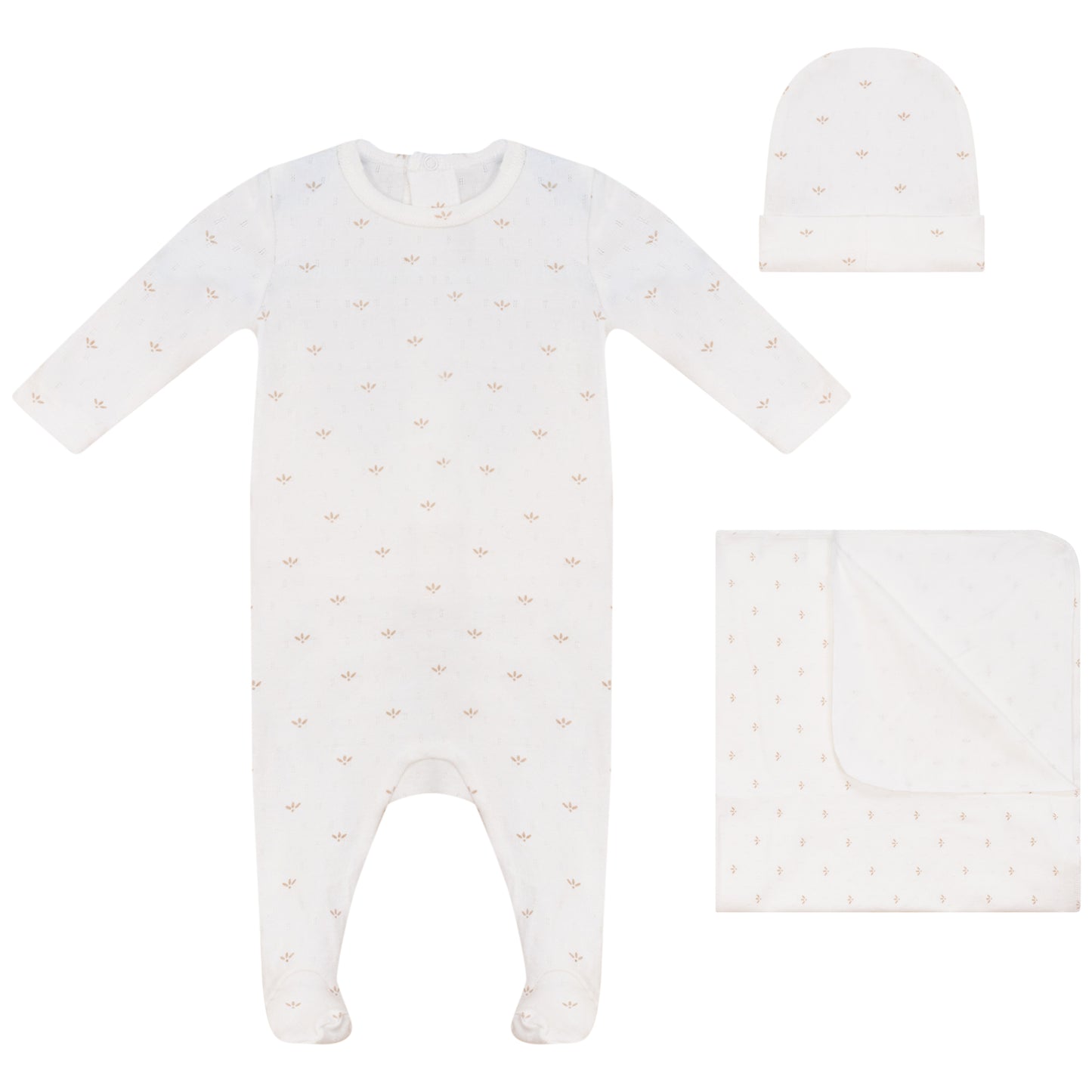 Eyelet Leaf Footie, Hat and Blanket Set
