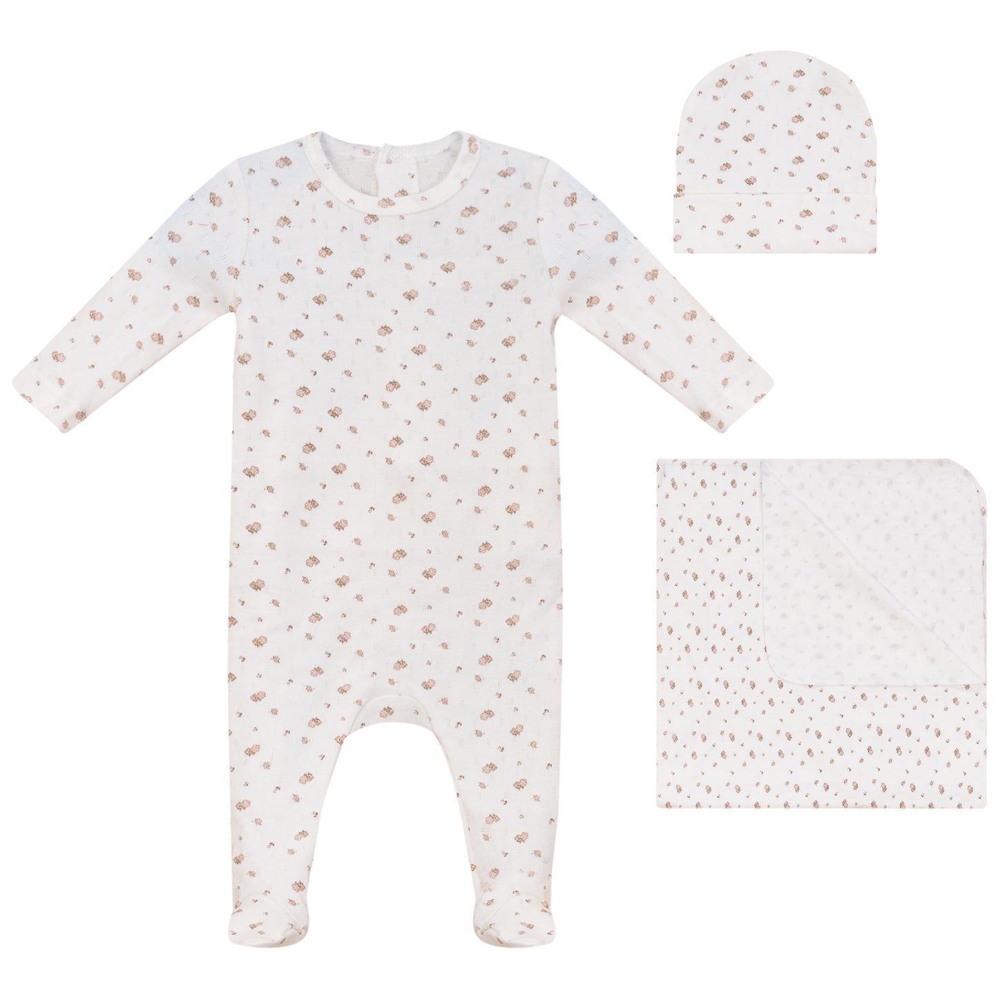Eyelet Floral Footie, Hat and Blanket Set