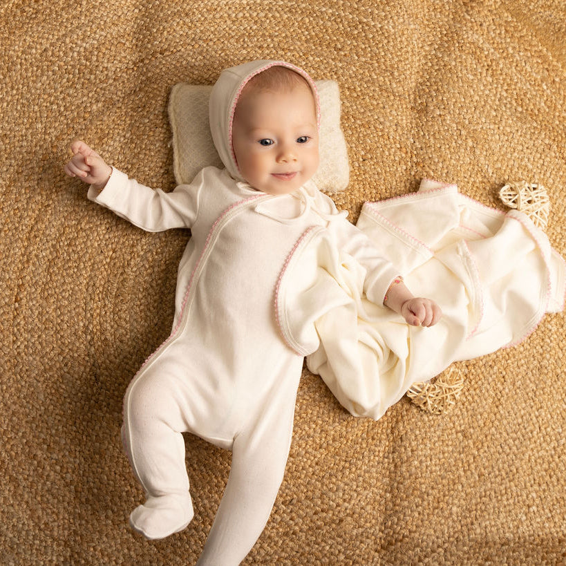 Eyelet Wrap Footie, Hat and Blanket Set with Pink Picot Stitch
