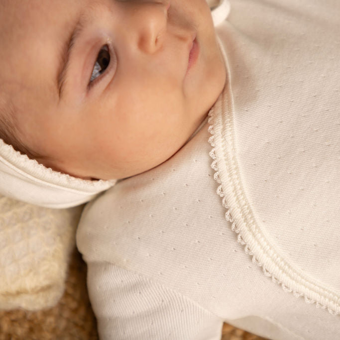 Eyelet Wrap Footie, Hat and Blanket Set with White Picot Stitch