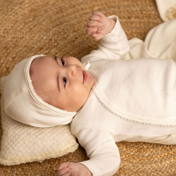 Eyelet Wrap Footie with White Picot Stitch