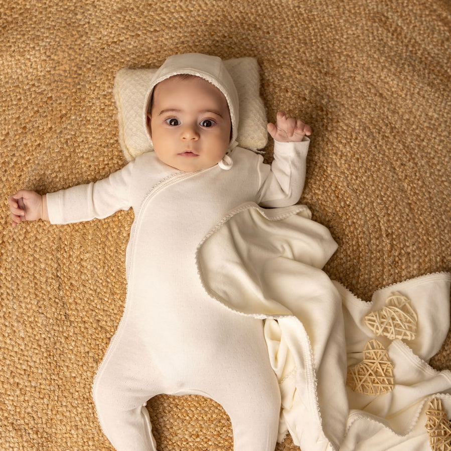Eyelet Wrap Footie, Hat and Blanket Set with White Picot Stitch