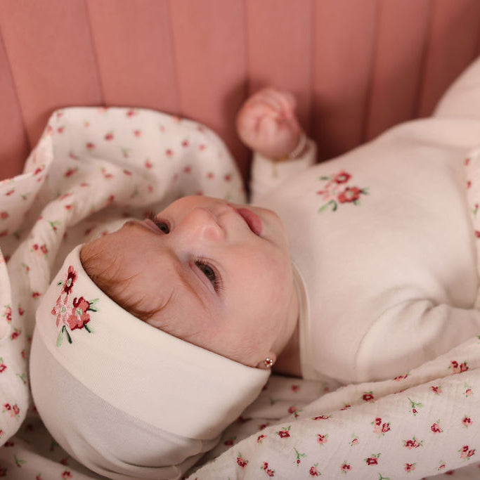 Little Embroidered Flower Footie, Hat and Blanket Set