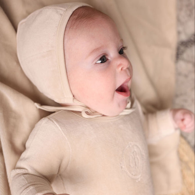 Embroidered B Footie, Bonnet and Blanket Set Beige