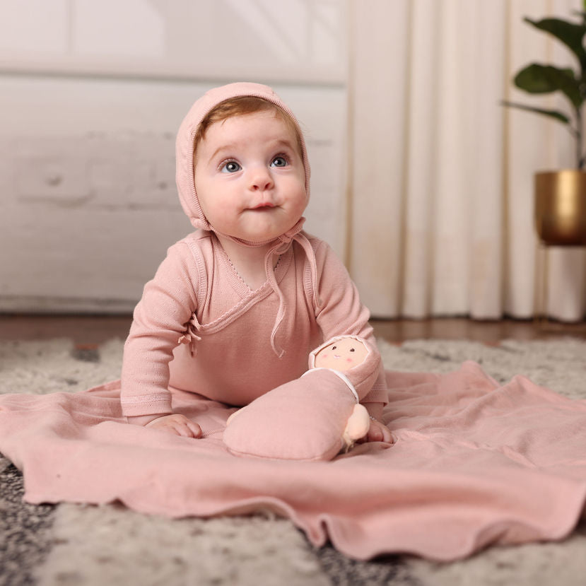 Eyelet Wrap Footie, Bonnet and Blanket Set Pink