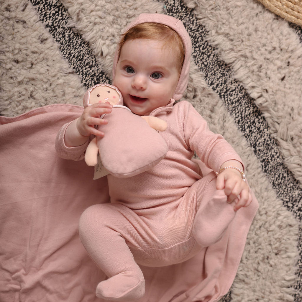 Eyelet Wrap Footie, Bonnet and Blanket Set Pink