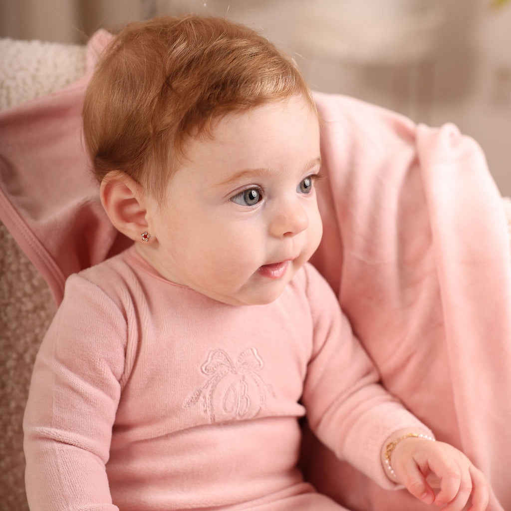 Embroidered B Footie, Bonnet and Blanket Set Pink