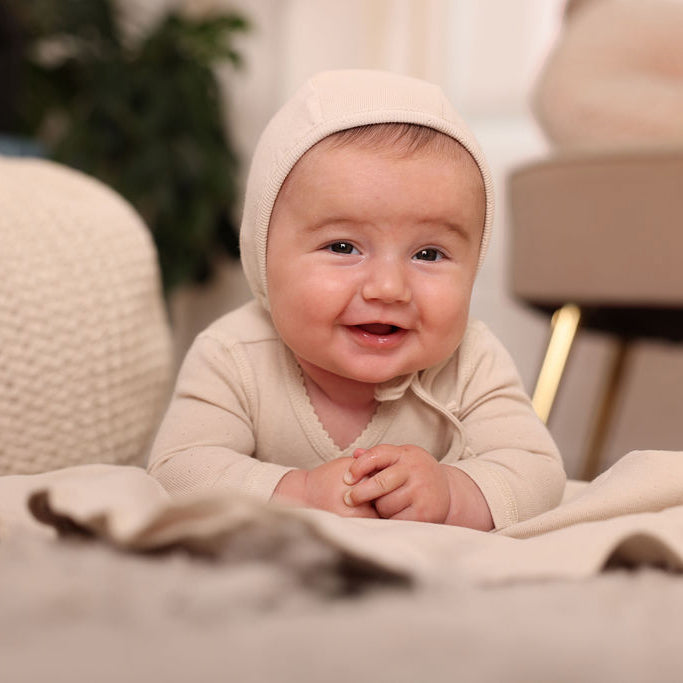 Eyelet Wrap Footie, Bonnet and Blanket Set Beige