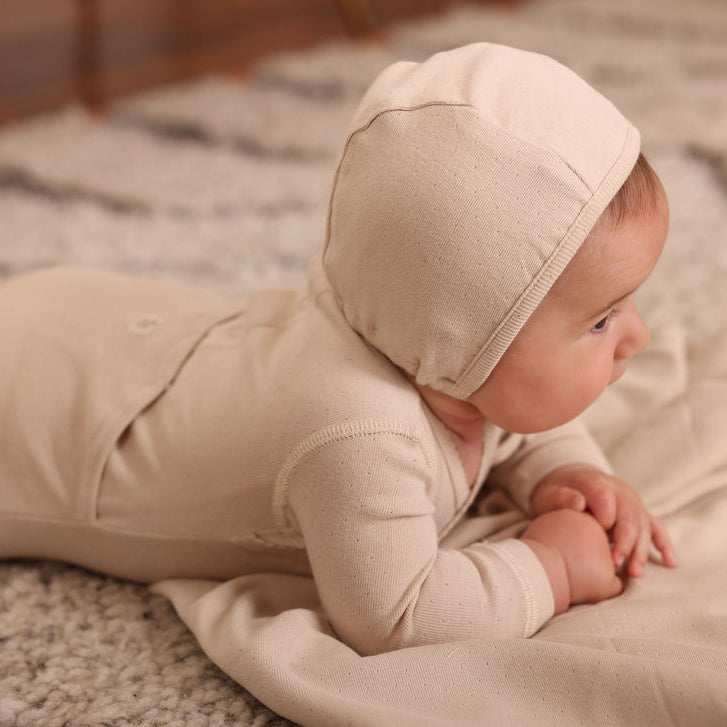 Eyelet Wrap Footie, Bonnet and Blanket Set Beige