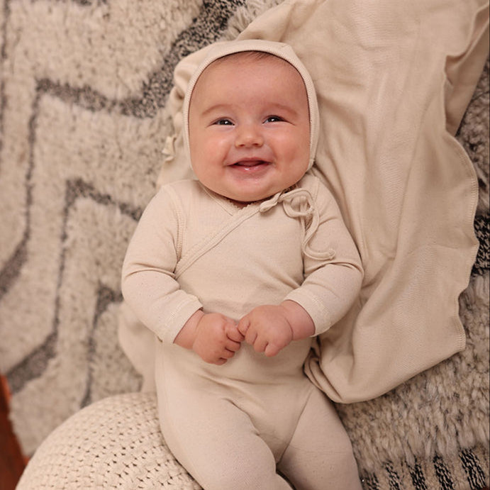 Eyelet Wrap Footie, Bonnet and Blanket Set Beige